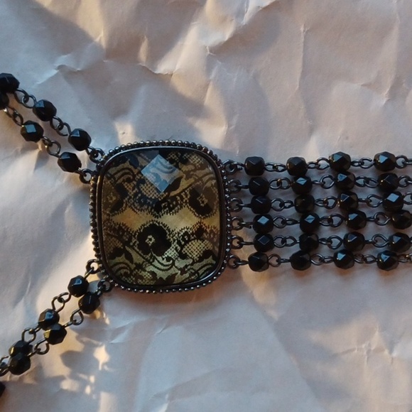 1928 Necklace Black and Yellow Rhinestones Dark Silver Tone, lace design - Picture 2 of 6